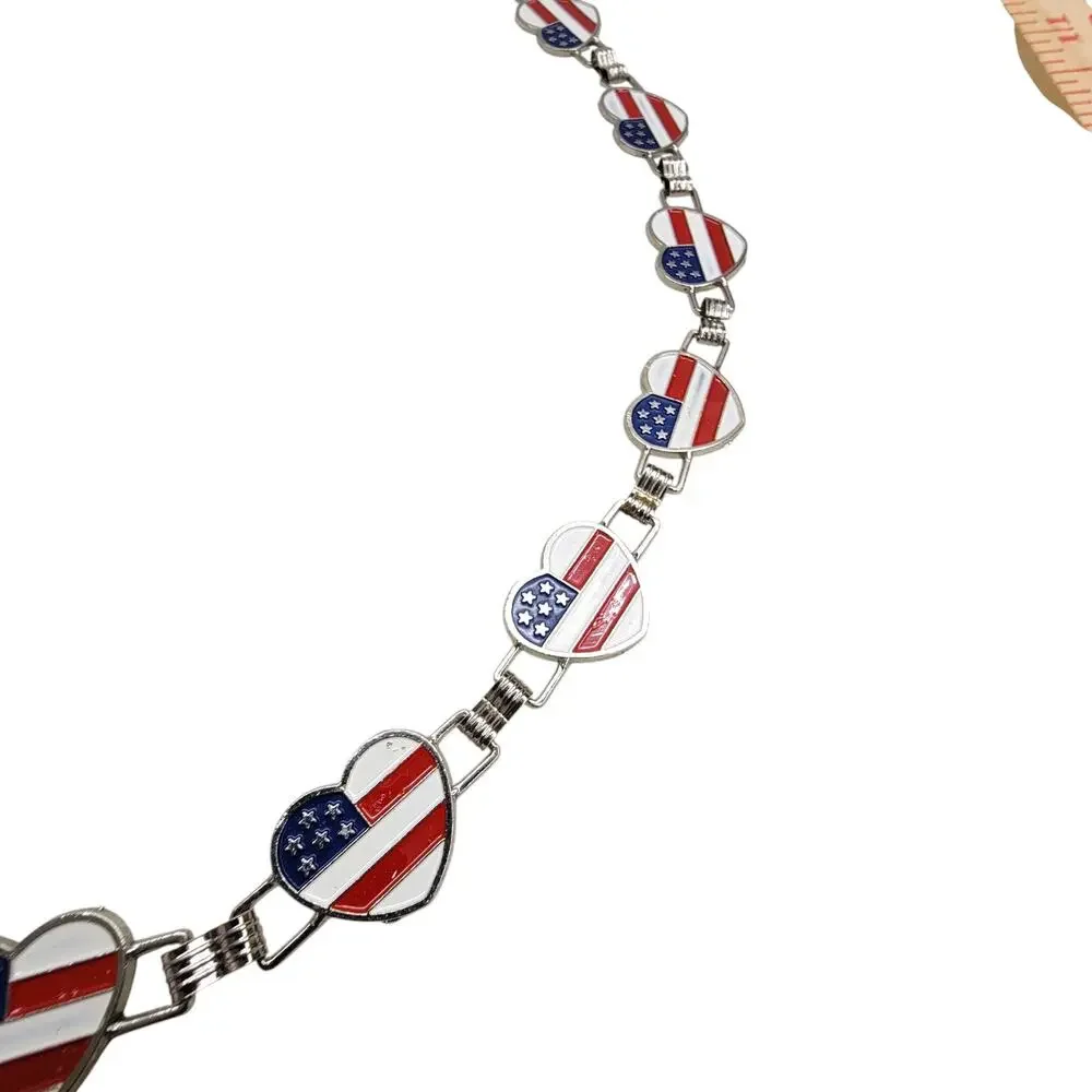 Vtg Americana USA Flag Heart Link Chain Belt Enamel Patriotic Silver Tone Womens